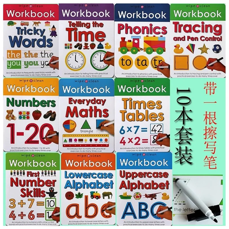 

10 Books/Set Wipe Clean Workbook Children Kids English Picture Book Learn ABC Alphabet/Times/Maths/Tricky Phonics Words