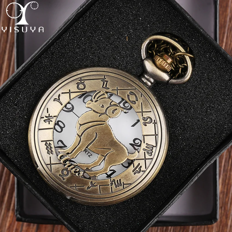 

Pocket Watch Aries Metal Case Analog Quartz Movement Watches Necklace Chain Clock with Gift Box The Zodiac Constellation