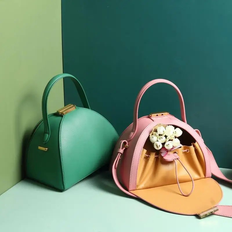 

Summer New arrival Genuine Leather Women Fashion design Handbags Solid color Shell bag Semi-circular Shoulder messenger bag