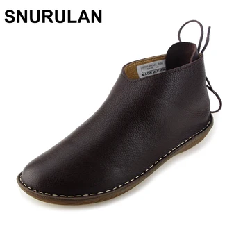 

SNURULAN Women's Boots Genuine Leather Ankle Boots Round toe lace up Woman Casual Shoes with/without fur Autumn Winter Boots