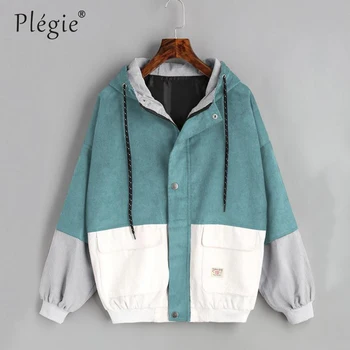

Plegie Winter Warm Color Block Hooded Corduroy Jacket Drawstring Hit Color Patched Pocket Thick Harajuku New Basic Women Coat
