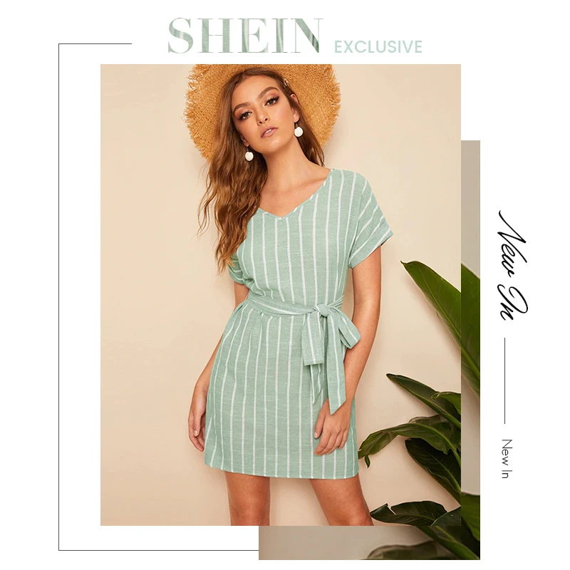 SHEIN модное платье с v-образным вырезом и поясом в Вертикальную Полоску,, элегантное зеленое Пастельное летнее женское платье с коротким рукавом, туника, прямые платья