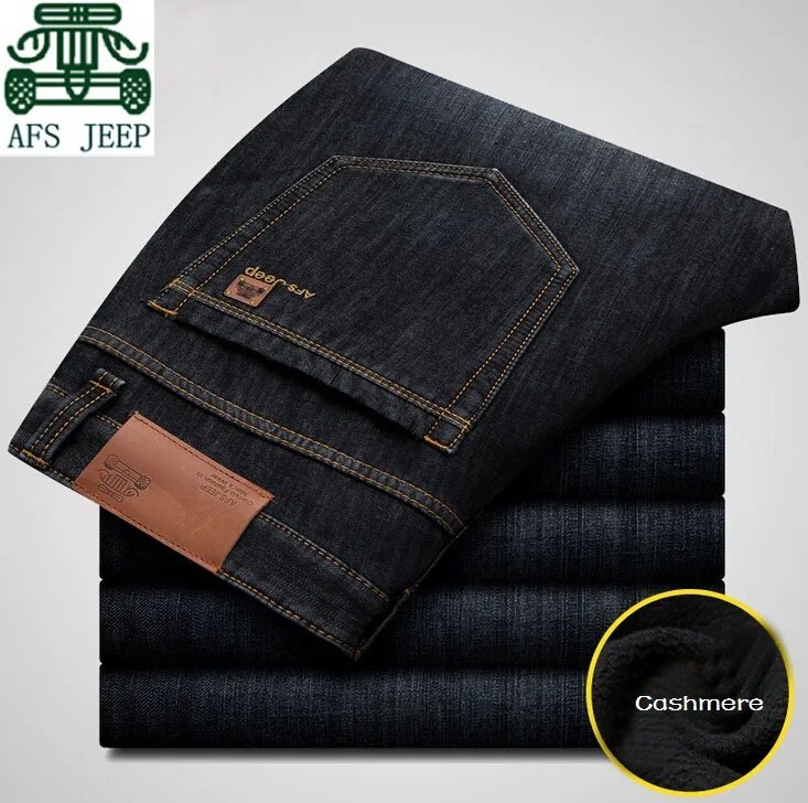 

2015 AFS JEEP Cashmere Men's Jeans,100% Cotton Winter Warmly Pants,Plus Size Male Casual Denim Pant,Black Fashion Man Brand Jean