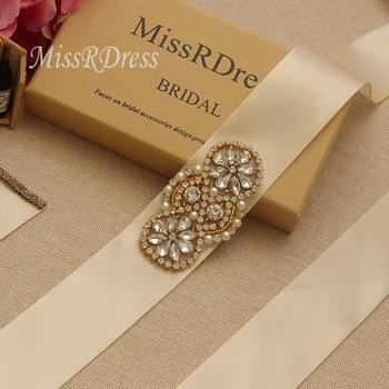 

MissRDress Crystal Wedding Belt Pearls Bridal Dress Sash Gold Rhinestones Bridal Belt For Wedding Evening Dress JK931