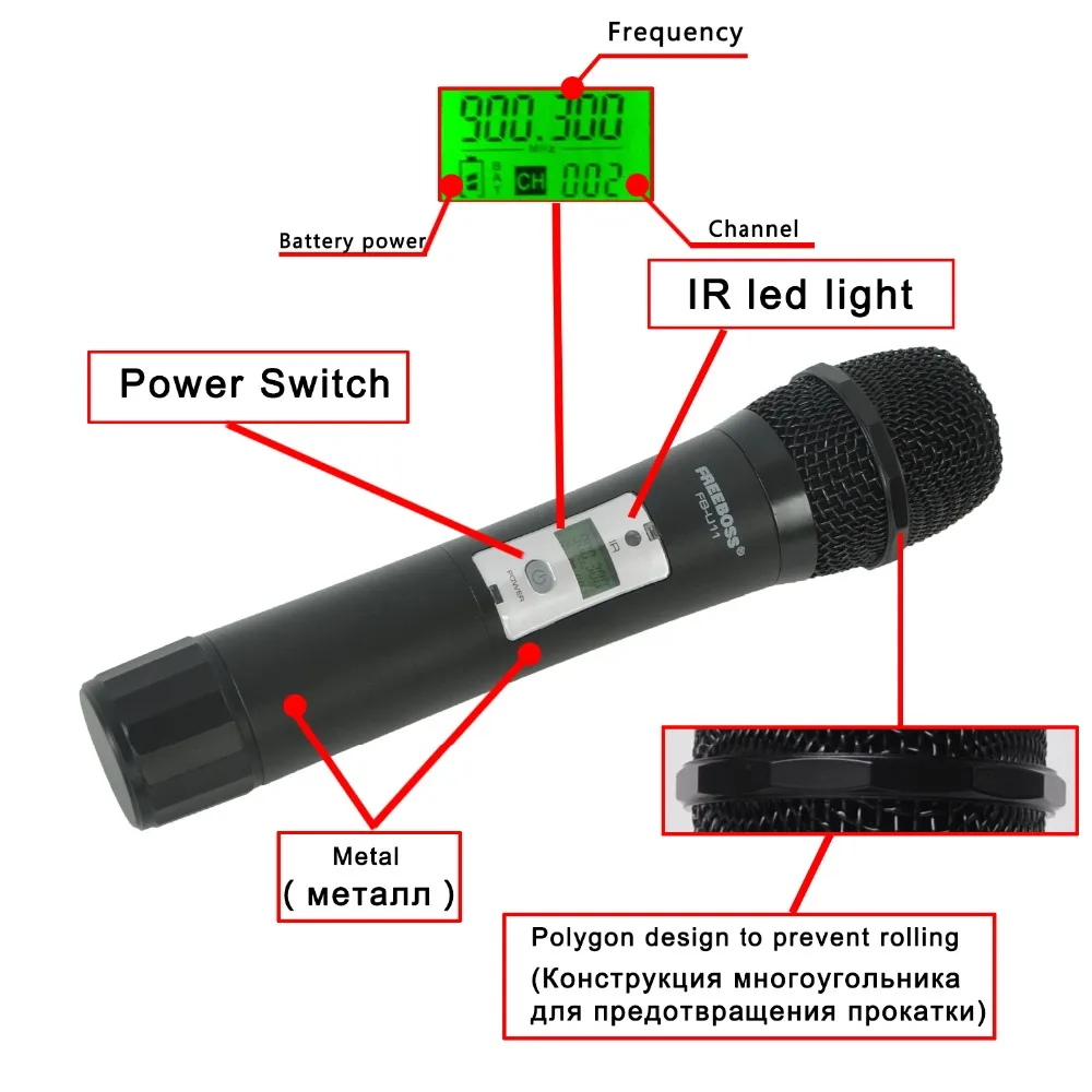 Freeboss FB U11 UHF Беспроводная микрофонная система 2 канала 100 каналов IR Частота