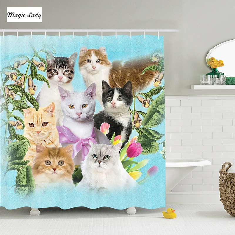 Shower Curtain Cats Garden Kittens and Flowers Green Tropical Leaves