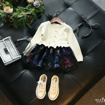 

2017 autumn new toddlers princess knitting dress long sleeves mesh and patchwork dress Pompoms knitting design clothing for girl