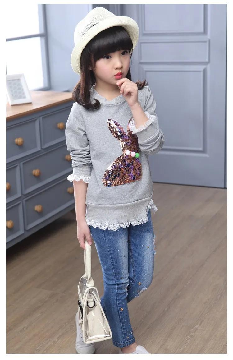 2016 new arrive sequined rebbit charatcer gray pink girls sweatshirt spring long sleeve kids clothes girls tops clothes 8 10 12 14 years girls clothing  6 7 8 9 10 11 12 13 14 15 16 children clothing (12)
