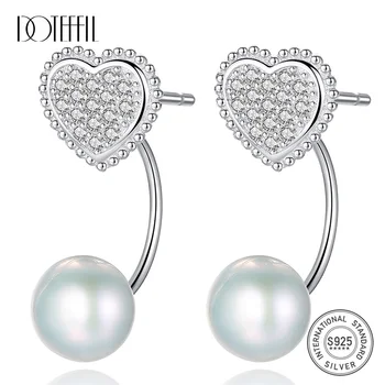

DOTEFFIL 8mm Purple/White/Pink Pearl 925 Sterling Silver AAA Zircon Heart Earrings For Women Wedding Engagement Jewelry