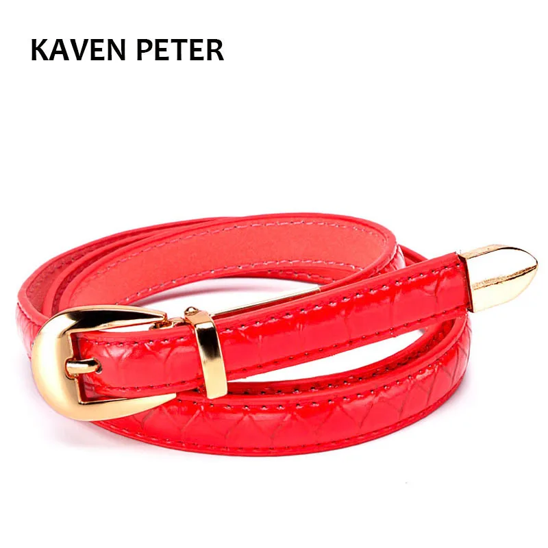 

High Fashion Women Belts Luxury Brand Red Faux Crocodile Leather Designer Lady Thin Dress Belts With Gold Metal Buckle And End