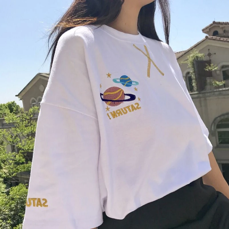 

Planet Cute Embroidery T-Shirt Summer Fashion Women T-shirt Funny Dinosaur Design Casual Tops Cute Girl Tees