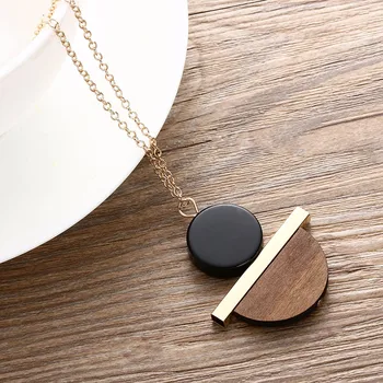 Geometric Circular Resin Wood Vintage Pendant Gold Alloy Chain Long Necklace Unisex Fashion Jewelry Pendant Necklace Free Ship