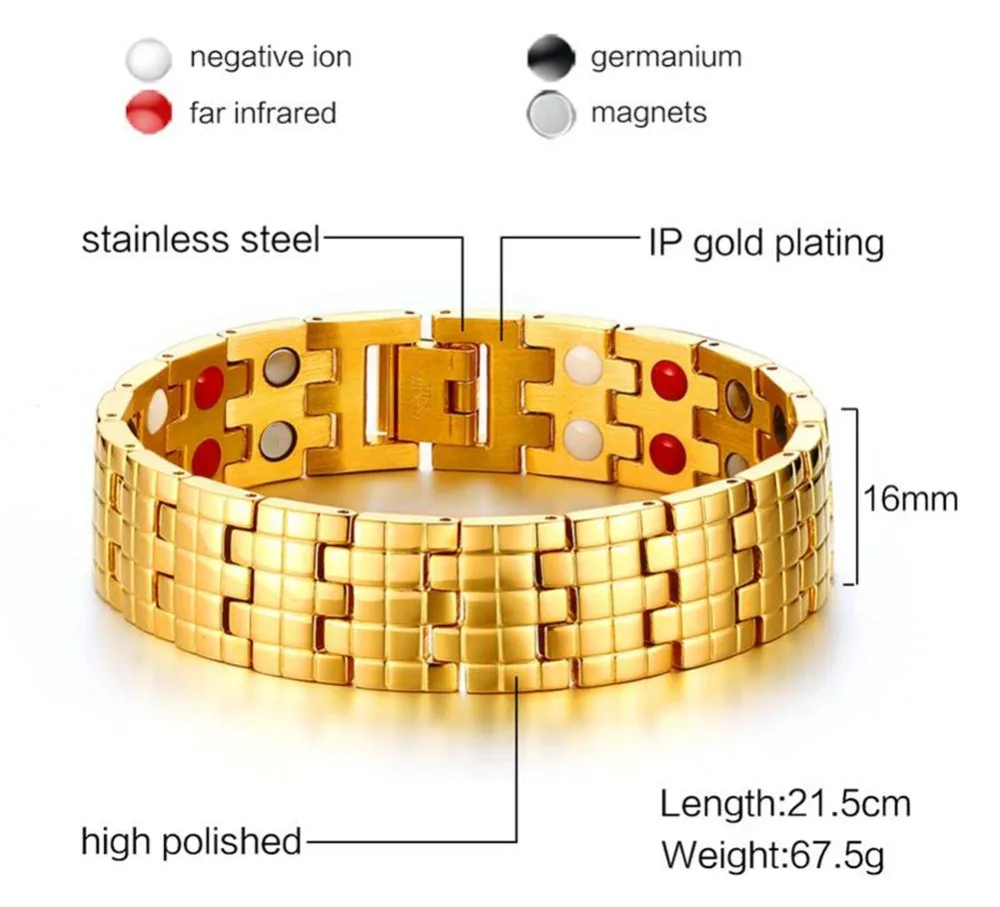 Vnox Магнитная Здоровье и гигиена браслет золото-цвет Для мужчин цепи Jewelry с магнитами