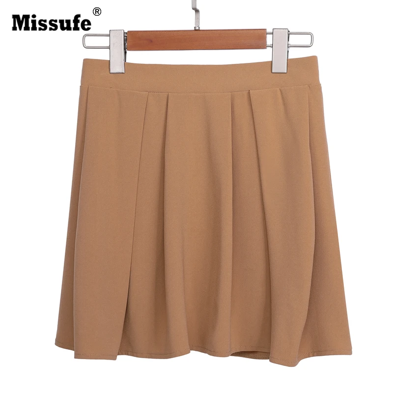 

Missufe Khaki A Line Female Mini Skirts With Box Pleats Back Zipper Casual Shift High Rise Summer Skater Skirts For Women 2019
