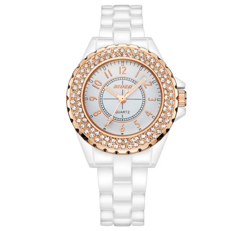 

BIDEN Brand White Ceramic Watches Women Rose Gold Rhinestone Steel Butterfly Clasp Super Cool Summer Watches Relogio Feminino