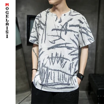 

Fahion white T-shirt Men summer printing Pattern Short sleeve tops&Tees Linen Cotton man O-Neck tshirt plus size 5XL 4018-M30