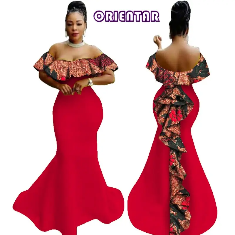Африканский Воск Принт оборками Длинные платья женское вечернее платье vestidos Bazin Riche с открытыми плечами Африканское платье для женщин WY2919