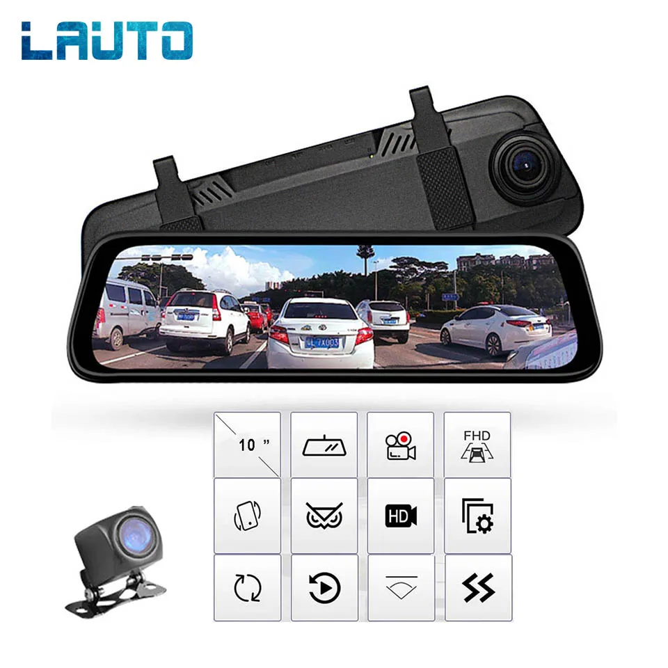 

LAUTO Dual Lens Stream Car DVR Mirror Camera Rearview Car Camera 9.6" Touch Screen Auto DVR Mirror Dash Cam FHD 1296P Car DVR