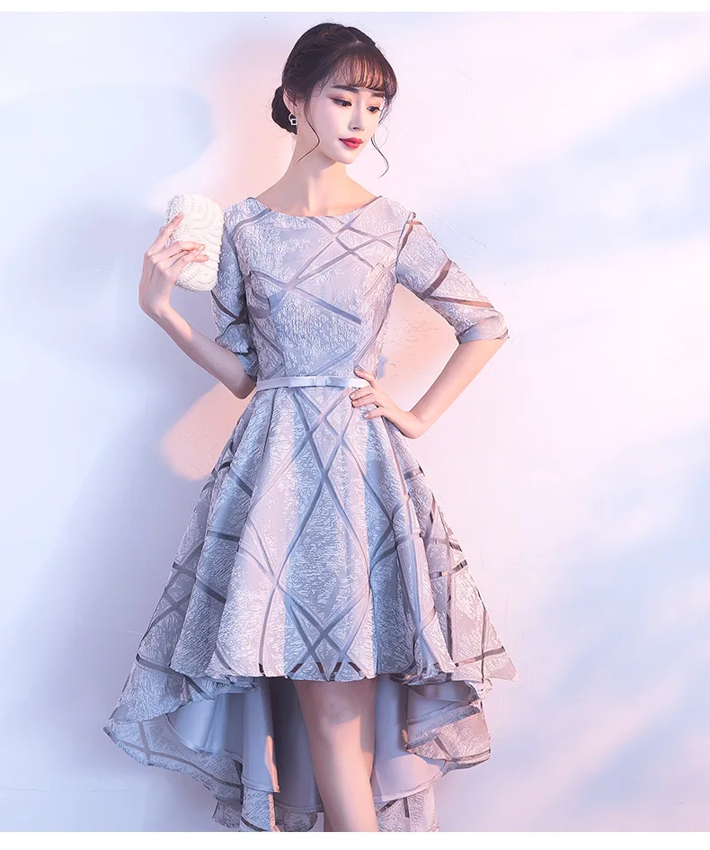 

Women retro grey plaid half sleeve front short back long ball gown dresses