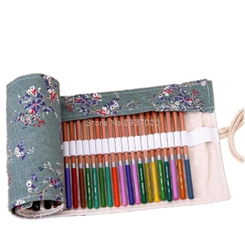 

36/48/72 Holes Canvas Pencil Cases Roll Up Brush Pen Storage Bag Novelty Plum Blossom Pattern School Supplies Gift 1Pc D14