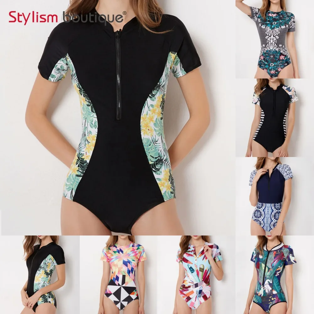 

2018 One Piece Swimsuit Patchwork Short Sleeve Swimsuit Bathing Suit Rash Guard Women Swimwear Surfing Swimming Suit Rashguard