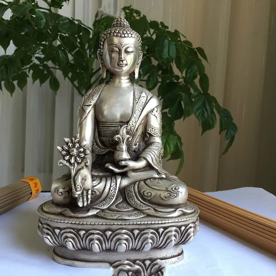 

China Silver Buddhism fine dragon Po Sang Buddha Lotus seat Sculpture Medicine Buddha Statue