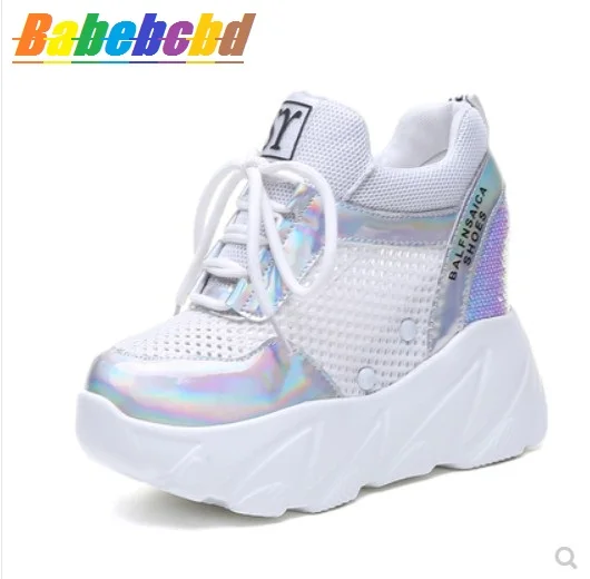 

2019 spring and summer new women's hollow mesh sneakers women's thick-soled shoes 10cm raised wedge heel leisure shoes