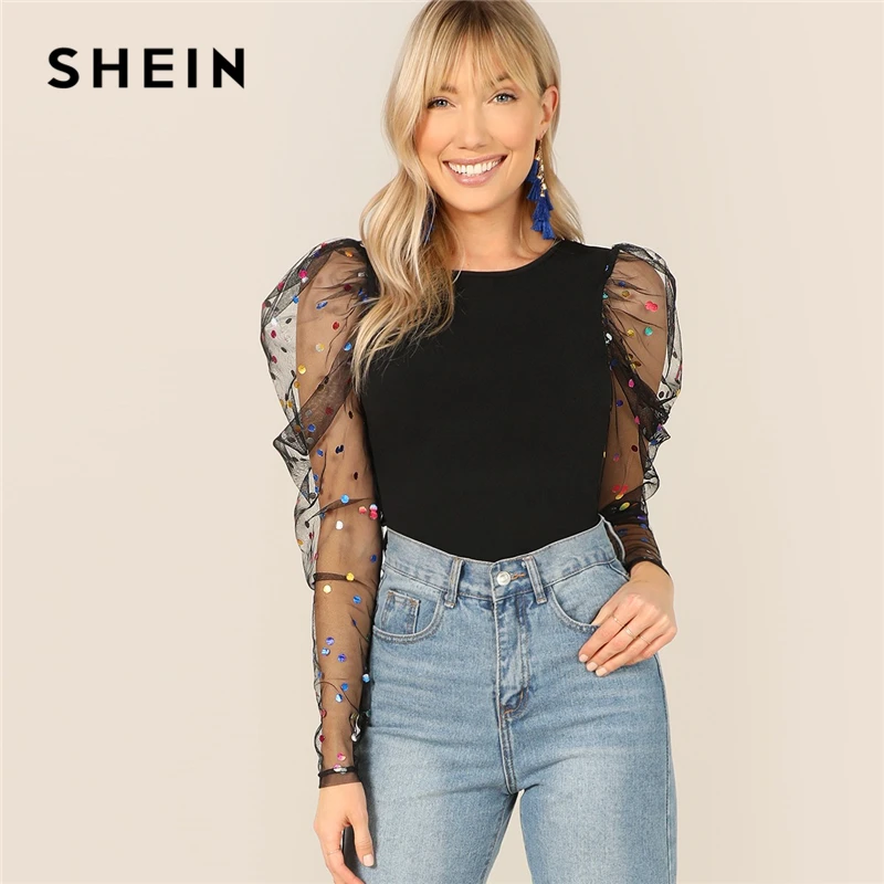 SHEIN الأسود الملونة نقطة نفخة الكتف شبكة Gigot كم نحيل المحملة O-الرقبة تي قميص المرأة الربيع سليم صالح حزب نادي التي شيرت قمم