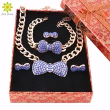 African Jewelry Set Gold Color Earrings Bracelet Ring Necklace Sets Fashion Crystal Bow Jewelry Set+Gift Boxes
