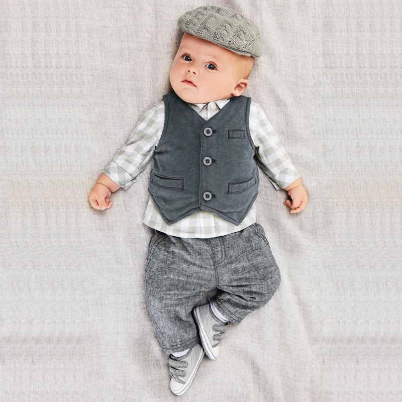 

BaiTao Fashion Baby Sets Vintage British Style 3 Pcs\Set Solid Grey Vest Pant and Plaid Shirt Spring\Autumn Boys Sets BS002