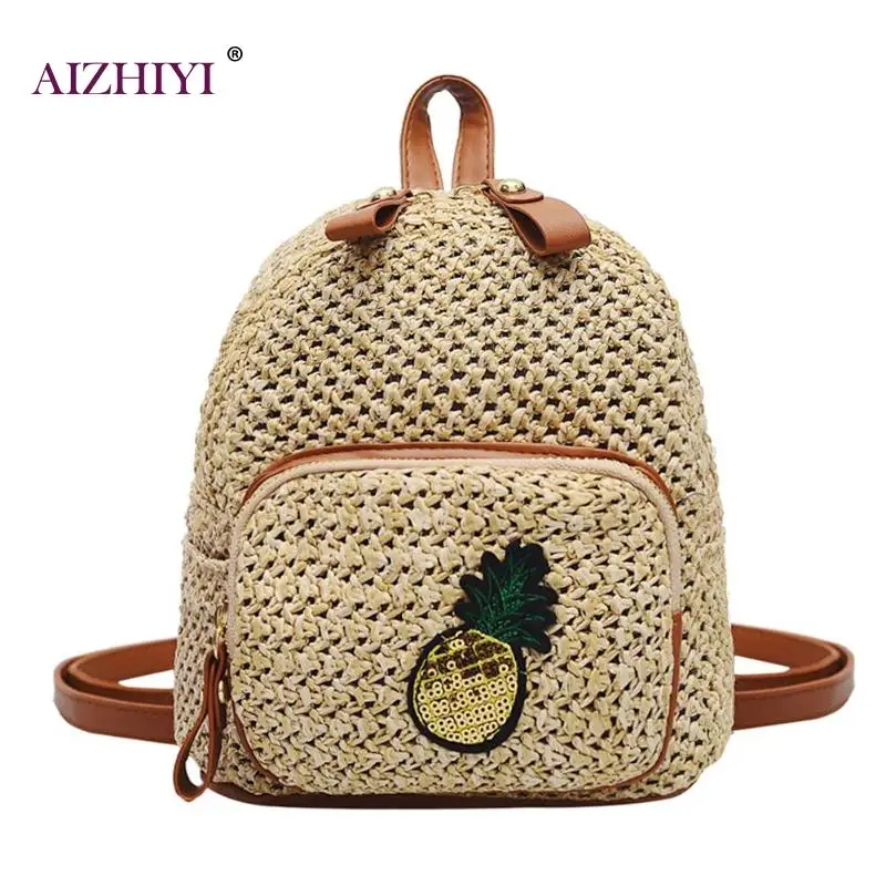 

Straw Women Backpack Chain Mini Shoulder Bags Weave Hollow Beach Girls Satchel Schoolbag Pineapple Print bolsa feminina