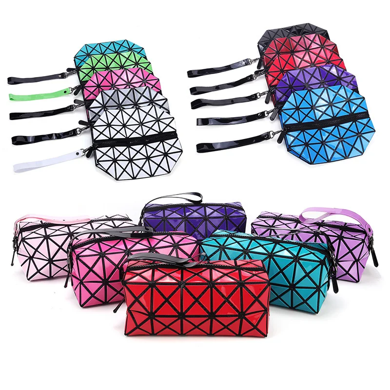 Fashion Portable Makeup Bag Folding Package PU Leather Makeup Bags Women Geometric Zipper Cosmetic Bag Mini Bolso Organizer Bags (9)
