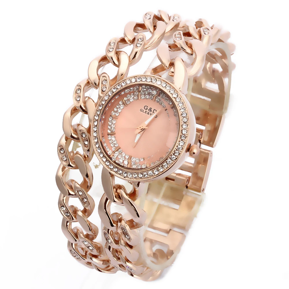 

2016 New Fashion Women's Wrist Watch Analog Quartz Watches Stainless Steel Band Rhinestone Double Chain Rose Gold