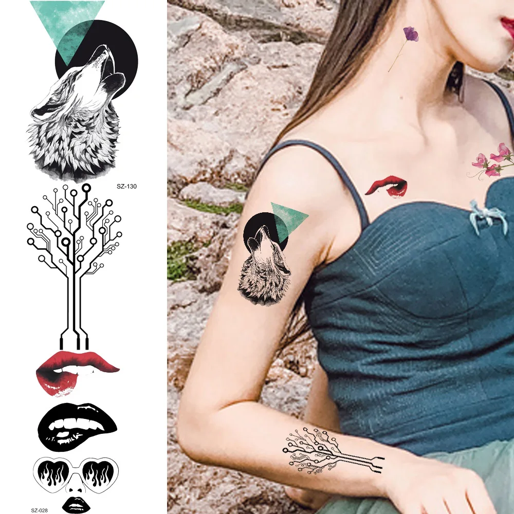 Пикантные Для женщин временные татуировки наклейки Черный волк небольшое дерево Тотем поддельный татуировки Для мужчин рукоятки тела