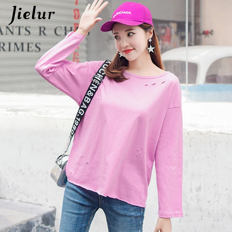 Jielur Autumn Fashion Long Sleeve Women T-shirt Holes Letter Printed Korean Female Top Casual Harajuku Hipster Tee Shirts M-XXL Tops