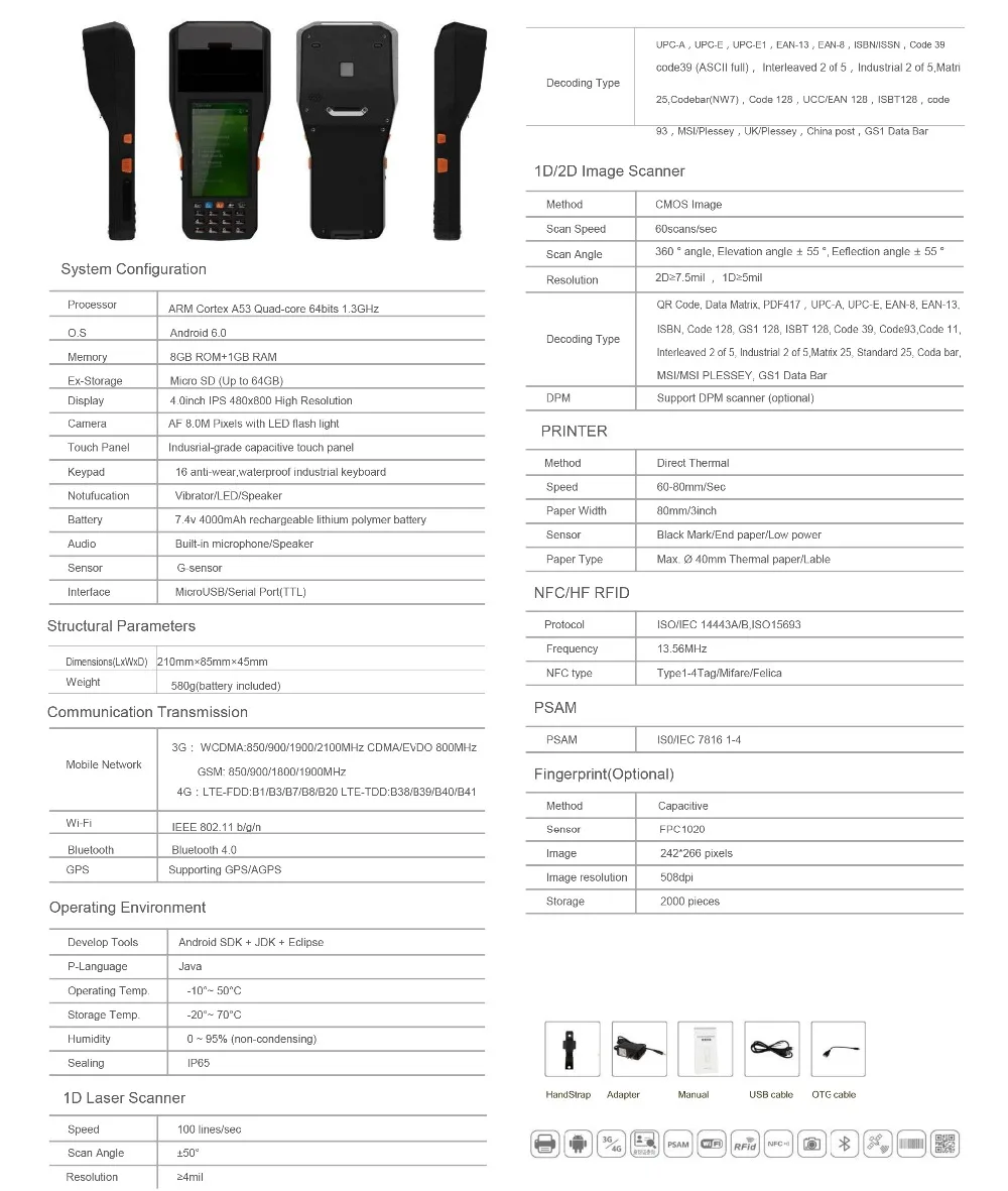 6.0 os 80 Impressora de Etiquetas com 1d Android Milímetros Barcode Scanner Leitor Rfid 4g Comunicação - 2d 2 etiquetas com 1D 2D Barcode Scanner leitor RFID 4G comunicação