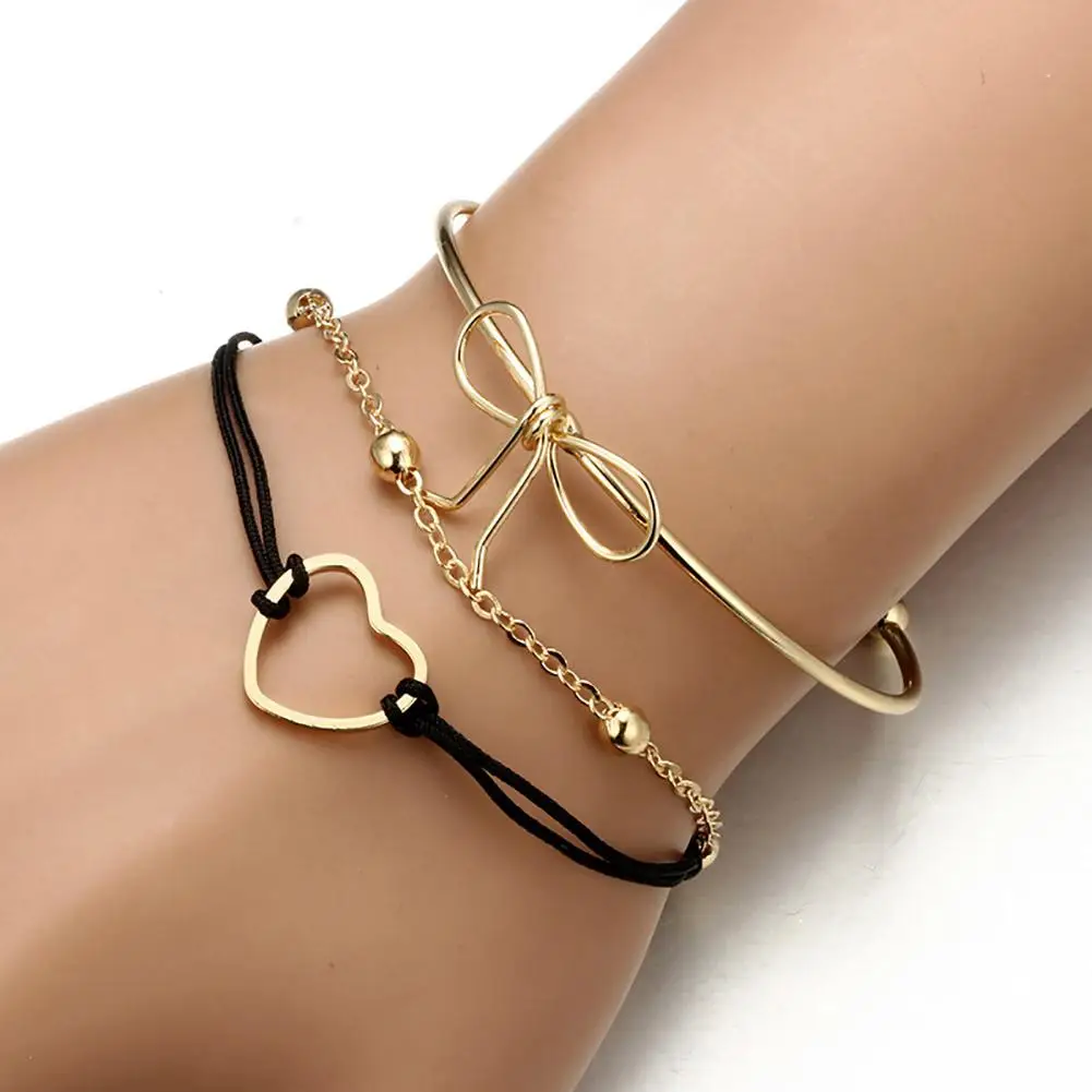 3Pcs Bow Tie Heart Beads Chain Hollow Adjustable Women Bracelet Set Combinationin Chain & Link