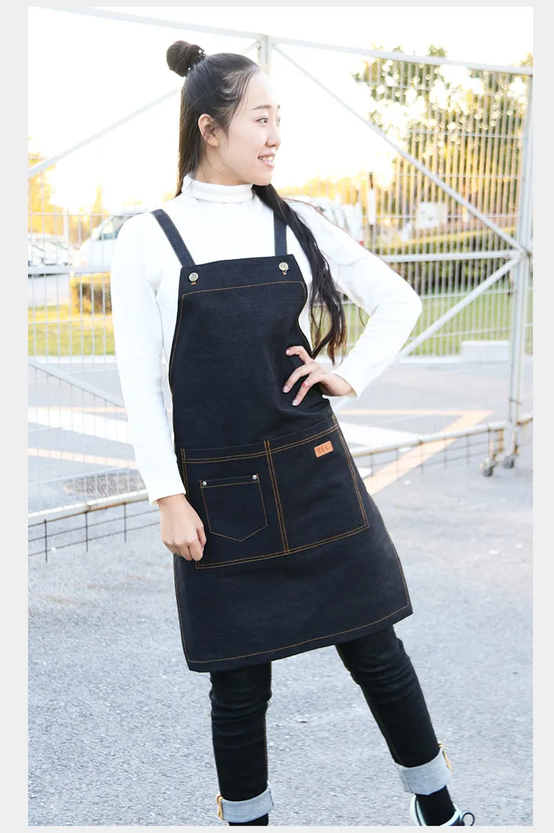 Korean fashion kitchen denim aprons cafe restaurant nail painting men and women overalls