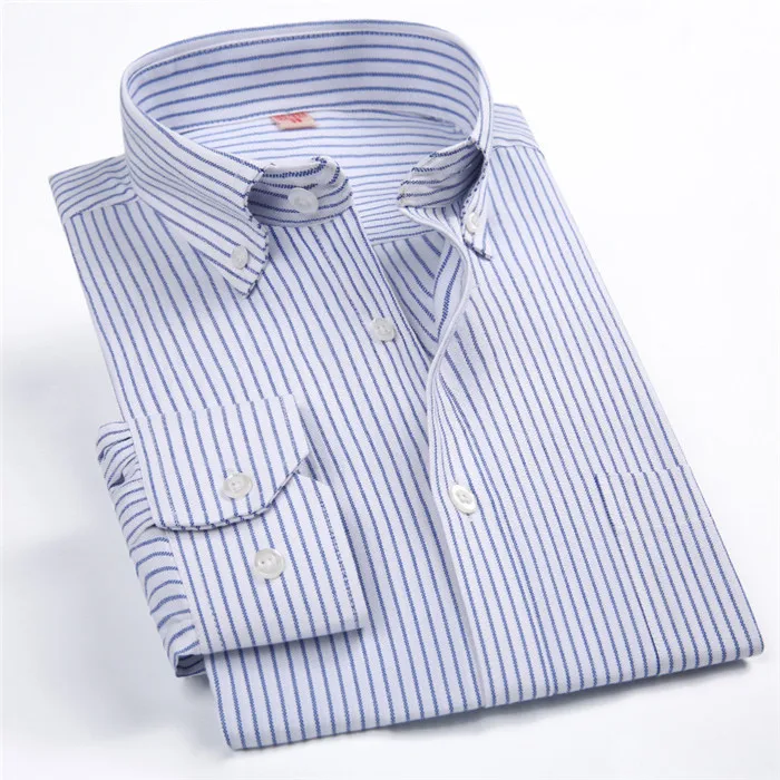 Для мужчин в полоску из ткани «Оксфорд» Повседневное рубашка с длинными рукавами Синий Удобная дышащая Воротник Кнопка дизайн 2019