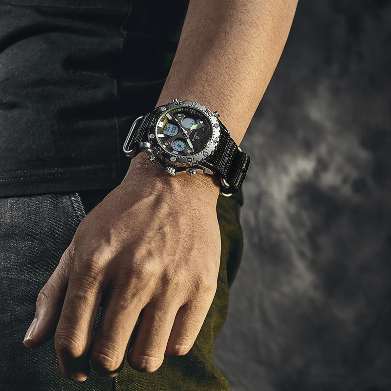 Billig GOLDENHOUR Mode Outdoor Sport Männer Uhr Armee Militär Leinwand Analog Digital Armbanduhr Dual Display Silber Fall Männlichen Uhr