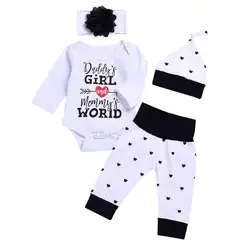 Комплект из 4 шт./компл., Одежда для новорожденных с принтом в виде сердечек и букв, хлопковый комбинезон с длинными рукавами, топы + длинные