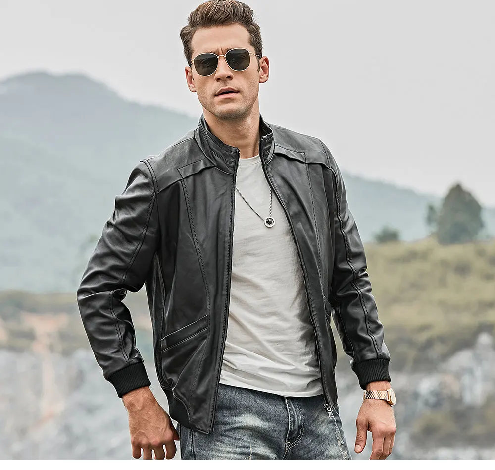 mens cowhide jacket FLAVOR Men's Real Leather Jacket Men Lambskin Motorcycle Genuine Nappa Leather jacket with Standing Collar Coat sheepskin leather coat