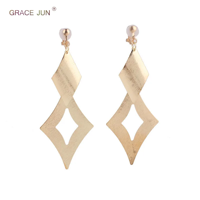 

GRACE JUN European and American Style Large Geometric Rectangle Hollow-out Shape Clip on Earrings No Pierced for Women Ear Clip