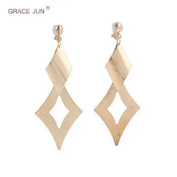 

GRACE JUN European and American Style Large Geometric Rectangle Hollow-out Shape Clip on Earrings No Pierced for Women Ear Clip