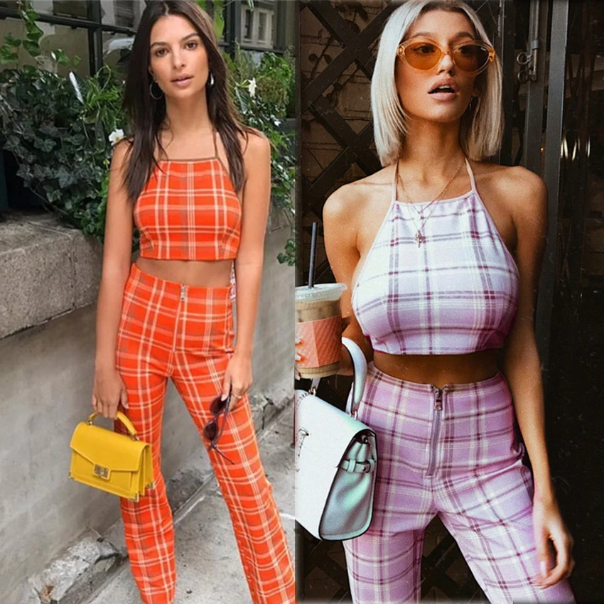 

Club Party Plaid 2 Piece Women Outfits Neon Co-ord Set Matching 2020 Summer Short Tank Crop Top and Pant Suits Vintage Clothing