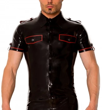 

Latex Black & Red Uniform Shirt Latex Men's Top Costumes Latex Jacket Coat Front Zip