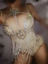 Кристаллы Мода Rhinestone цепи купальник Для женщин пикантные наряд для вечеринки боди бюстгальтер костюмы сценического танца для ночного