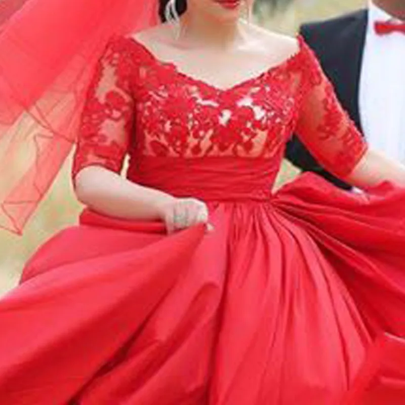 Romantic-Red-Wedding-Dresses-2015-Plus-Size-Half-Sleeves-Bridal-Dress-V-neck-Sexy-Appliques-With (2)