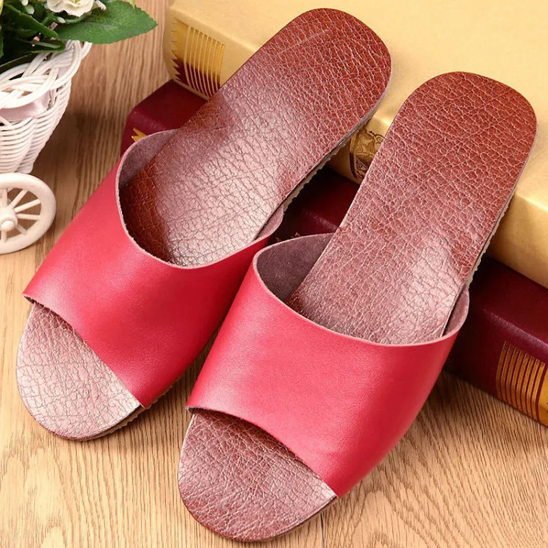 Однотонные летние домашние тапочки из натуральной кожи для пары, удобная домашняя обувь для мужчин и женщин