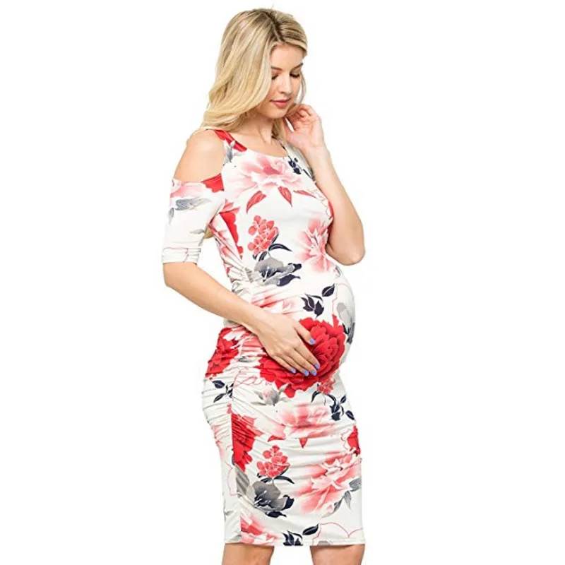 

Off Shoulder Slim Tight Maternity Dress For Pregnant Women Clothes Floral Printed Vintage Gravidas Vestidos Pregnancy Clothing